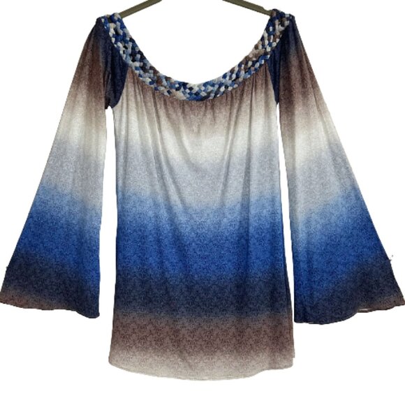Sky Ombre Braided Neckline Boho Blouse Sky Blue Beige M L Tunic Top Boutique - Picture 6 of 9